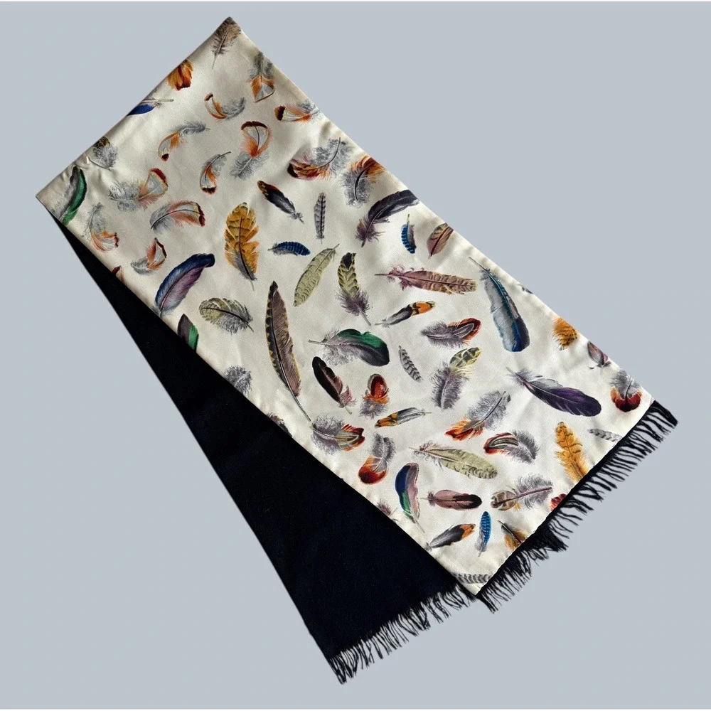 Hermès Feather Plume Print Silk & Cashmere Double-Sided Stole Scarf Vintage 90's